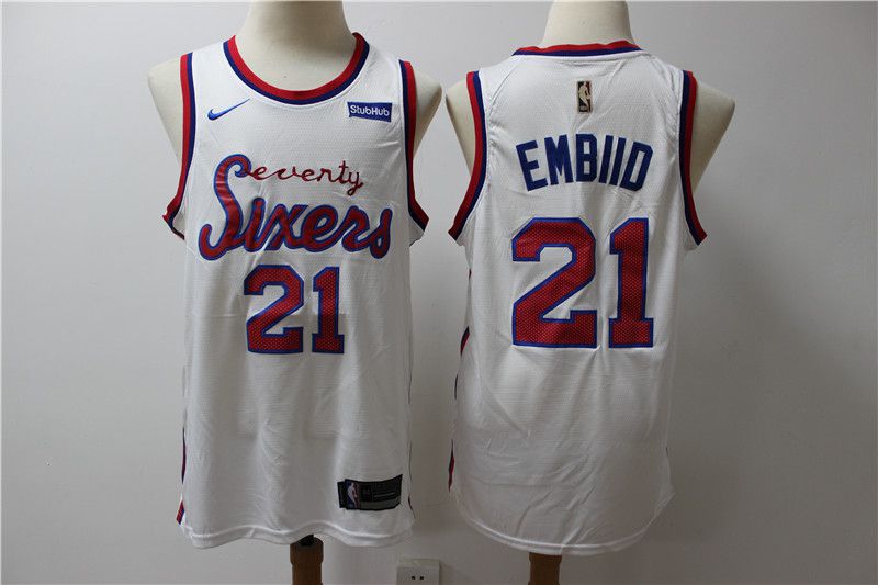 Men New NBA Philadelphia 76ers 21 Embiid White Throwback game Jerseys